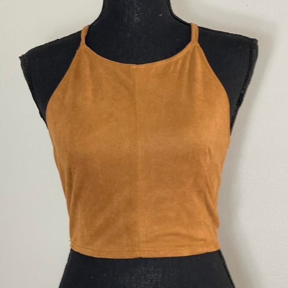 Tan faux suede halter top with adjustable straps